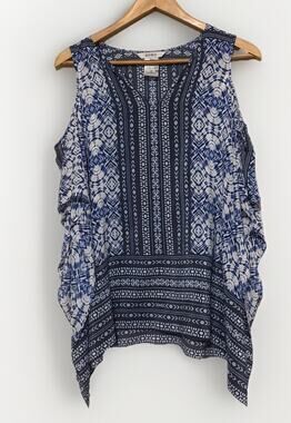 Zozo Women Cold Shoulder 100% Silk Blue White Print Tunic Top Size L